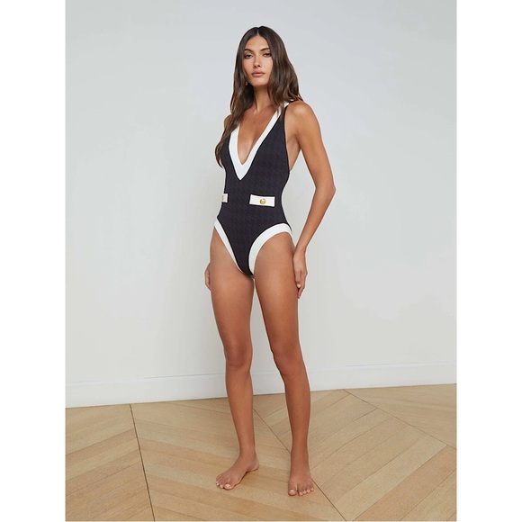 L’agence Lisa Plunge One-Piece Swimsuit Gold Coin Hardware Black White LARGE - Picture 1 of 7